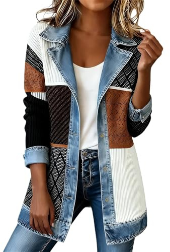 Generisch Vestes en jean pour femme Patchwork Knit Blazer Veste en jean Grandes tailles Haut en jean sur mesure Veste de camionneur extensible Vintage Classique Veste de loisirs Vêtements d'extérieur