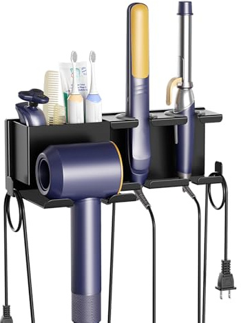 ZDDLOINP Soporte Secador Pared C/Compartimento, Plancha/Rizador Negro