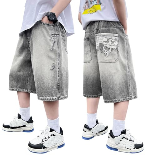 Short Ado Garcon Jean, Short Enfant, Short en Jean d'été pour garçon Pantalon Cargo décontracté avec Poches vêtement Confortable pour Les Jeux d'extérieur des Tout-Petits (Gris 9-10 Ans)