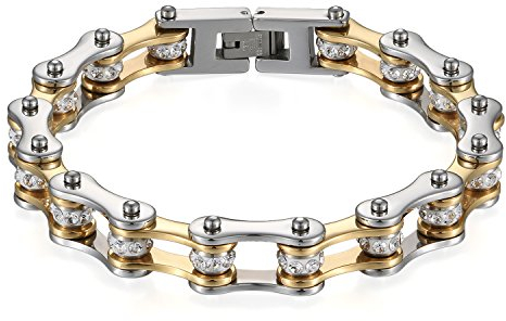 JewelryWe Schmuck Herren Armband, Top-Qualität Fahrradkette Motorradkette Hochglanz Poliert Armkette, Edelstahl Strass, Gold Silber