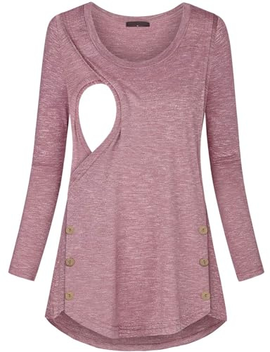 Quinee Maternity Tops and Blouses, Women Scoop Neck Long Sleeve Winter Loose Fashion Nursing Tunic for Leggings Breastfeeding Pumping Clothes Knitting Basic Tee Shirts Rose Red L
