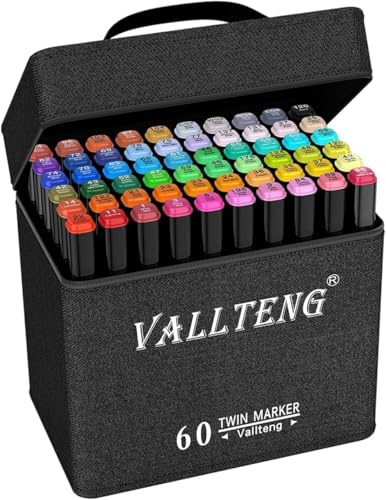 Vallteng 60 Colours Permanent Art Markers Twin Marker Pen Broad Fine Point Black Animation Design for Drawing Coloring with Black Bag