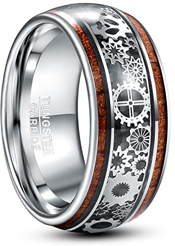 TUNGSTORY 10mm Anello di Ingranaggi in Stile Punk Argento per Uomo Anelli Nuziali in Tungsteno Nero con Legno e Fibra di Carbonio Inaly Taglia 20