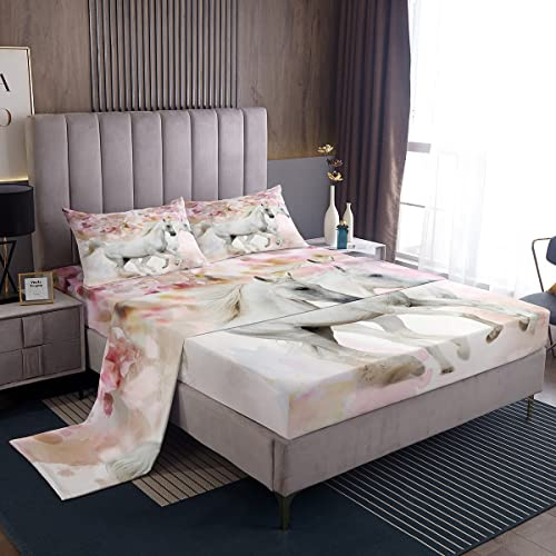 Set di biancheria da letto con cavallo al galoppo set di biancheria da letto a tema animale lenzuolo con angoli rosa stampa floreale lenzuolo piatto per bambini ragazzi ragazze microfibra singolo