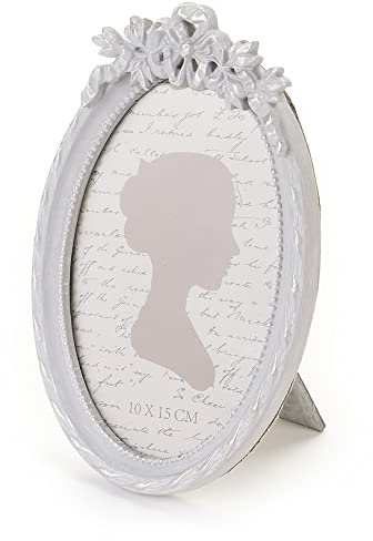 NUVOLE DI STOFFA Cornice da tavolo portafoto con fiore in rilievo, ovale in resina grigia, Shabby Chic effetto anticato Belle Epoque Foto: 10x15 cm
