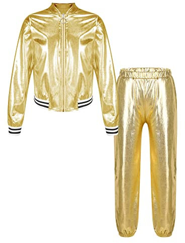 iEFiEL Kinder Mädchen Trainingsanzug Metallic Sportanzug Wetlook Retro Kostüm Baseball Jacke Kurz und Sporthosen Karneval Bekleidungset Gold 122-128