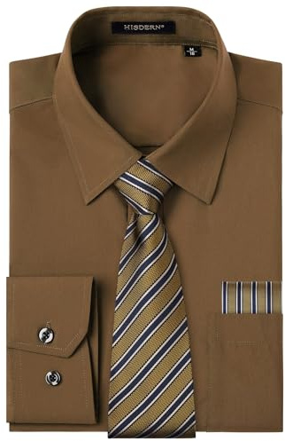 HISDERN Men's Brown Shirts Long Sleeve Smart Formal Plain Dress Shirt and Tie Set Business Casual Wedding Regular Fit 2XL