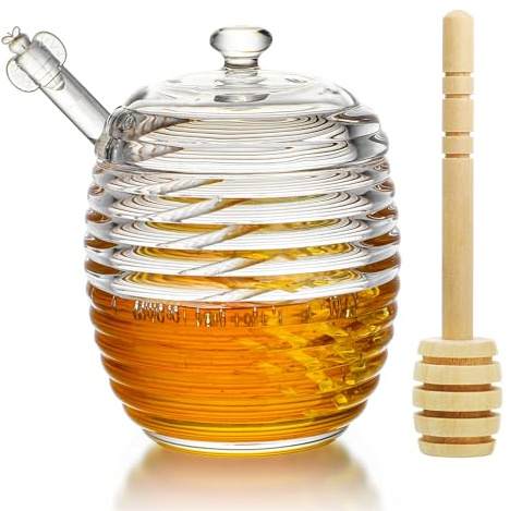 kanpura 9oz Glass Honey Dispenser, Glass Honey Jar with Dipper,Clear Crystal Honey Pot for Christams Home Kitchen Decor,Store Honey and Syrup,Easy to Clean