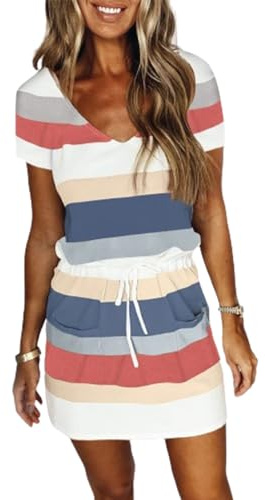 2024 Mini Vestido Casual de Verano con Cuello en V y Tirantes Sueltos, Vestido de Camiseta con cordón a Rayas y Bolsillos (M,Colorful Blue)