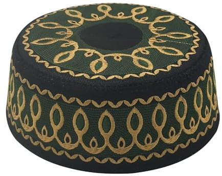 Kids Boys Muslim Prayer Hat, Islamic Kufi Hat Knitting Taqiyah Knitted Skull Cap Beanie Embroidered Topi Head Wear for Children 6-10 Years Old Green