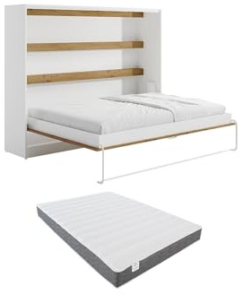 Vente-unique-Cama abatible 140 x 200 cm - Apertura Horizontal Manual - con Leds - Blanco y Natural + ColchÛn - RAPILI