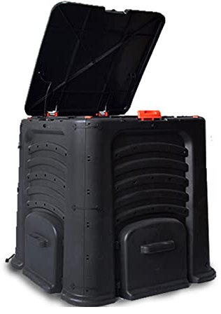 Compostador eléctrico Cubo de compostaje, caja de compostaje grande for exteriores de 105 galones (400 L) con tapa abatible superior y 4 puertas de salida inferiores, material libre de BPA, barril de