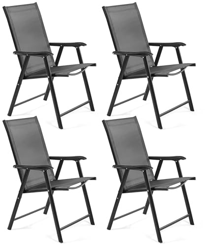 Yaheetech Folding Dining Chairs with High Back, Steel Frame, 4-Pack, Black | Garden Chairs with Backrest/ Armrests | Foldable for Easy Storage All Weather Chairs | For Garden, Lawn, Yard, Beach
