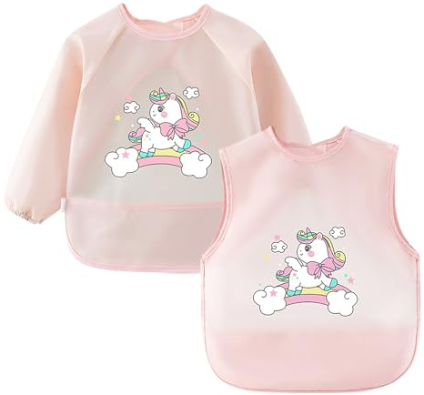 Lvjkes bavaglini pappa svezzamento, bavaglino con maniche, 2 pack Maniche lunghe e corte bavaglini impermeabili con ricevitore, per neonati da 2 a 4 anni, resistente alle macchie e agli odori, rosa