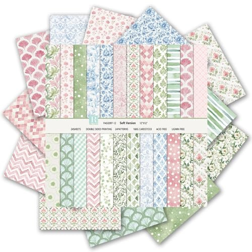 Boho Scrapbook Paper 12x12 - 24 Sheets Flower Patterned Cardstock Paper Pads,Coloured Double-Sided Decorative Craft Papers Pack for Card Making Cottagecore Picture Art Collage,12 Designs/160Gsm (C)