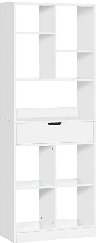 HOMCOM Bibliothèque, étagère à Livres, Meuble de Rangement avec tiroir et 9 Compartiments Ouvertes, étagère de Rangement pour Salon, Chambre Bureau, 60 x 26 x 158 cm, Blanc