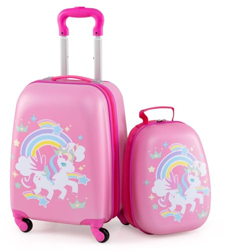 GOPLUS 16” Valise Enfant à roulettes avec 12” Sac à Dos, Motifs Licorne, Espace Suffisant, Surface Etanche, roulettes Silencieuses et Lisses, Hauteur de Poignée Réglable