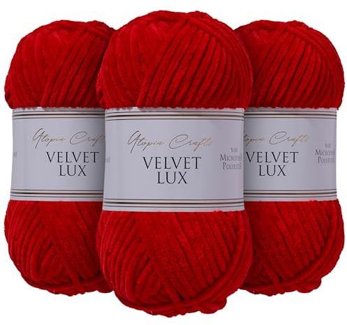 Utopia Crafts Velvet Lux Chenille supermjukt tjockt garn för stickning och virkning garn 3 x 100 g (röd)
