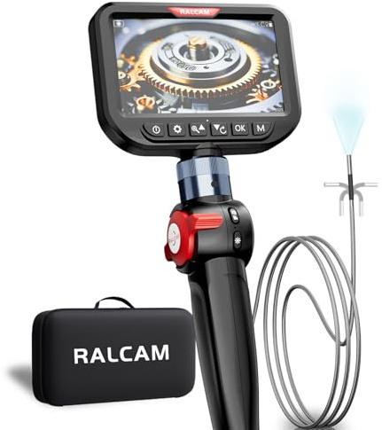 Ralcam Cámara Endoscópica con Luz, Cabezal Giratorio de 210°, Sonda de 3.9 mm, Pantalla HD de 5, IP67 Impermeable, Cable de Acero 1,5 m, Cámara de Inspección para Coche, Tuberías y Hogar