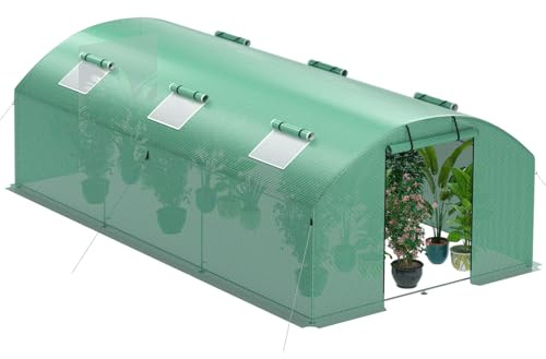 Yakimz Invernadero de 300 x 600 x 200 cm, invernadero para verduras con 6 ventanas y 2 puertas con cremallera, cubierta de polietileno UV50+ de 140 g/m². Anclaje de tierra y cuerdas de viento para una