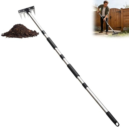 Ogräsräke med utdragbart handtag, 5/6/7/8 pinnar, teleskopogräsräke med kolstålspinne, robust stålträdgårdsräta för ogräsning och applicering (5 spetsar)