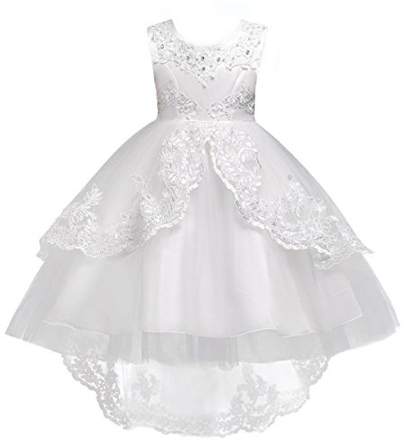 Robe Princesse de Cérémonie Asymétrique Florale Avec Strass Faux Perles - Tulle Longue de Soirée Mariage Demoiselle d'Honneur Fête Baptême Cocktail Pour Enfant Ado Fille Blanc 4 Ans