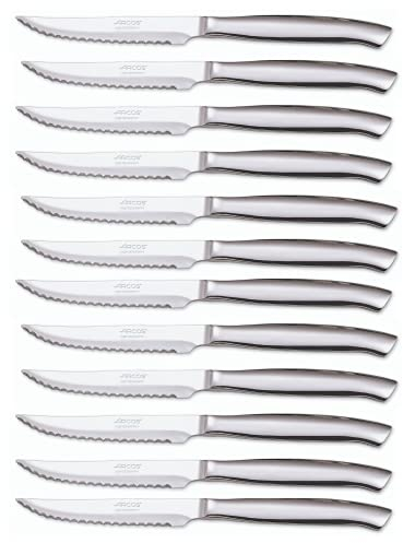 Arcos Serie Cuchillos de Mesa Caja 12 uds Cuchillo Chuletero, Hoja Serrada de Acero Inoxidable de 110 mm, Cuchillo Monoblock Acero Inoxidable Color plata (12 UDS)