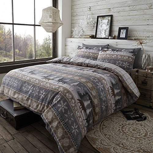 Happy Linen Company 100% Brushed Cotton Nordic Scandi Hygge Winter Warm Taupe Double Check Reversible Duvet Cover Bedding Set