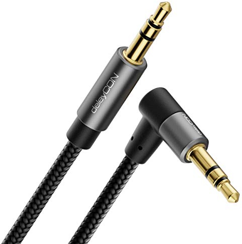 deleyCON 1,5m Aux Kabel 3,5mm Audio Klinkenkabel Stereo Kabel Baumwollkabel & Metallstecker - Stecker Gerade auf Stecker 90° Gewinkelt - Handy Smartphone Tablet Kopfhörer HiFi Receiver Kfz