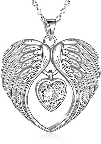 VONALA Schutzengel Kette Silber 925 Engelsflügel Halskette Herz Geburtsstein Kette Anhänger Geburtsstein April Schmuck Geschenke für Damen