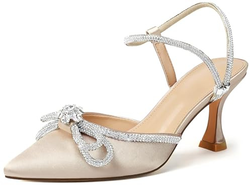 Susanny Women's Low Heel Bridal Bow Heels Pumps Nude Rhinestone Bride Party Bridesmaid Reception Evening Dress Homecoming Shoes 8