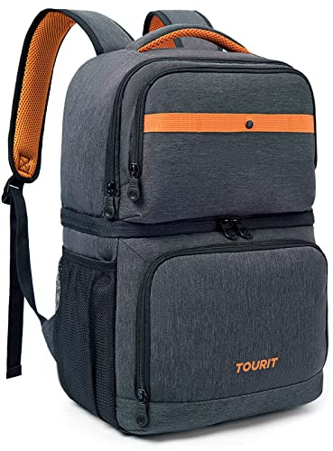 TOURIT Backpack Cooler with Double Decks, Insulated Cooling Bag for Lunch,Waterproof Lightweight for Men to Camping, Picnic, Hiking, Beach Park, Dark Grey