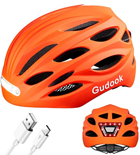 Gudook Bike Helmet Adult Helmets for Men/Women: with USB Rechargeable Front and Rear LED Light for Cycling Urban Commuter Casco para Bicicleta Lightweight Bicycle Helmet (Matte Orange, Large)