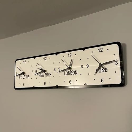 Super Cool Creations Bespoke Named Four Square Time Zone Clocks & Desk Stand (Many Matt Colour Choices) 50cm x 15.5cm (Midnight Black Matt Back/Moonlight White Matt Front)