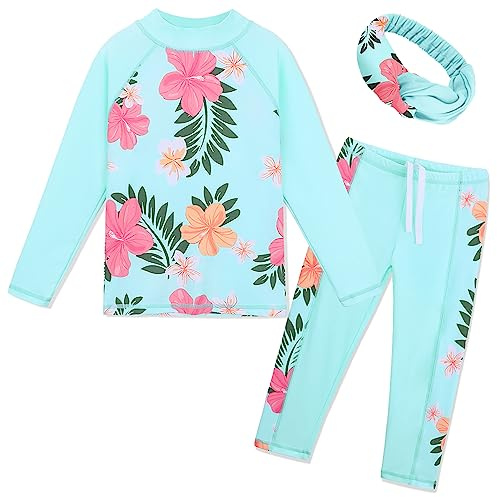 Girls Long Sleeve Swimsuit 3 Piece Bathing Suit UPF 50+UV Protective Beach Swimwear with Headband HS247_CyanFlower_12A