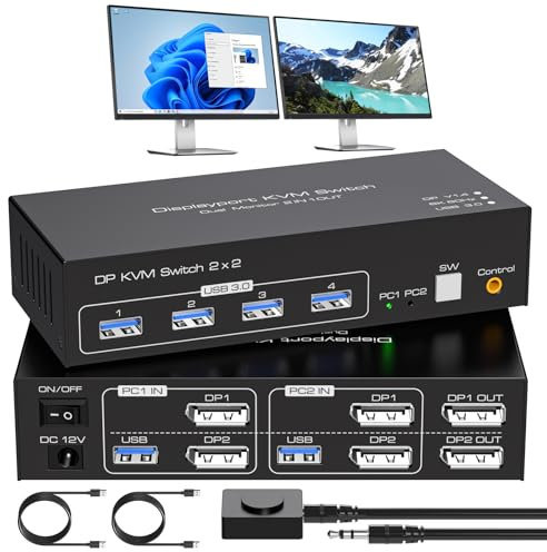 VPFET 4K120Hz Displayport KVM Switch 2 Monitors 2 Computers 8K60Hz DP 1.4 Dual Monitor KVM Switches witch 4 USB 3.0 Includes in line Control and 2 USB 3.0 Cables