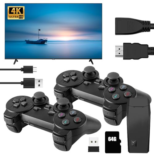 HOVCEH Retro Konsole, 64GB 4K Retro HDMI Game Stick, Game Stick Wireless Spielekonsole TV, Retro Konsole Spielkonsole Videospielkonsole mit USB 2.4 G Wireless Controller Game Stick, 10000+ Spielen