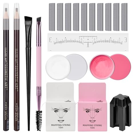 ATOMUS Kit de mapeo de cejas con cuerda de mapeo rosa y blanca de 10 m, 20 g, pasta de cejas blanca y rosa, 50 calcomanías de regla de cejas, 2 cepillos de cejas, 2 lápices de cejas, 1 sacapuntas y 10