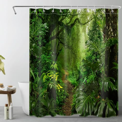 LB Tropenwald Duschvorhang 150x200cm(BxH) Grüne Bäume Pflanzen in den Bergen Antischimmel Wasserdicht Badezimmer Vorhänge, Natur Extra Lange Polyester Stoff Bad Vorhang mit Haken