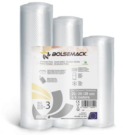 Lot de 3 rouleaux sous vide avec gaufrage, 3 rouleaux, 3 tailles, 20/25/28 cm x 6 m, sacs sous vide pour aliments, compatibles avec tous les appareils de mise sous vide, adaptés pour la cuisine sous