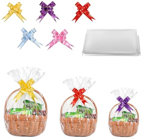 LALAGO Große Geschenkfolie Transparent Cellophantüten, 30 Stück 3 Größen Klare Korbtaschen Cellophan Taschen, Durchsichtiges Geschenkpapier Cellophantüten Mit Bögen-Band für Körbe Blumen Hochzeit