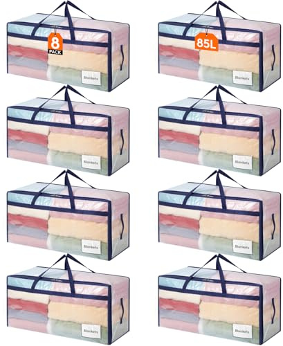 Lifewit Set di 8 Grandi Scatole per Armadio 90 L, Borse Trasloco con Manici, Contenitore Pieghevole per Piumoni, Coperte, Vestiti, Trasparente