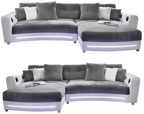 Multimedia Ecksofa B322/T190/H88 cm mit RGB-LED Beleuchtung, Soundsystem inkl. Bluetooth, USB, AUX-in, Couch spiegelverkehrt montierbar, Korpus in Kunstleder Weiß u. Bezug in Mikrofaser Grau / 15410