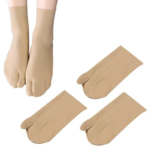 SUNTRADE 3 Pair Women Japan Tabi Socks, Split 2 Toe Sandals Thin Breathable Crew Ankle Socks for Athletic Summer Run Spring (US, Alpha, One Size, Regular, Regular, Beige)
