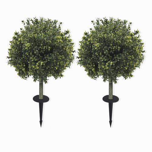 Set of 2 Artificial Boxwood Topiary Ball Trees with Ground Stakes, UV Resistant Faux Evergreen Shrubs, Fake Plants for Outdoor Porch, Garden & Indoor Planters