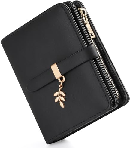 RRANCharltu Portefeuille Femme Cuir PU, Porte Monnaie Femme Blocage RFID Petit Portefeuilles et Porte-Cartes avec Fermeture éclair Poche à Monnaie et Fenêtre ID Pendentif Feuille,Noir