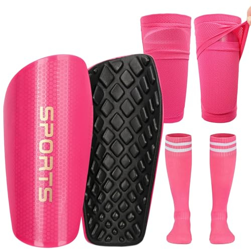 Soccer Shin Guards for Kids Youth, Toddler Shin Pads with Sleeves and Long Soccer Socks for Age 2-12 Boys & Girls Toddler Children Teenagers, Protective Lightweight Soccer Equipment (Pink-M)