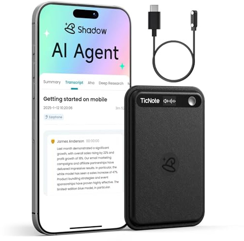 Mobvoi TicNote Lite AI-röstinspelare, AI-anteckningar med direkttranskription och automatisk sammanfattning, appkontroll, 120+ språk, Shadow AI-agent för föreläsningar, möten och samtal (Lite)