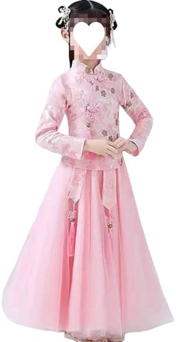 Vestido tradicional chino para niñas, vestido bordado floral con nudo chino y manga de malla, lindo tutú y falda de tul, elegante conjunto de 2 piezas, rosa, 3-4 años