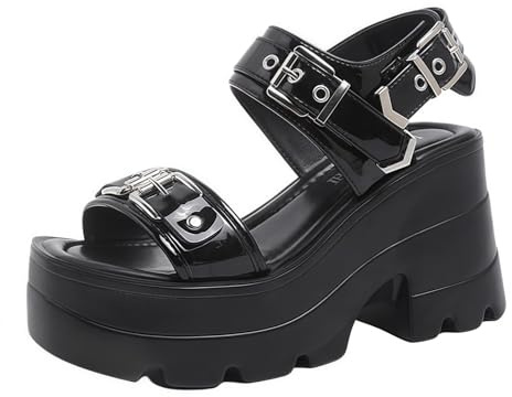 Jemnpela Sandales Punk Femme Clous Chaîne Araignée Crâne Étoile Brides Gothiques Plateforme Compensée Boucle Talon Épais Mules Bout Ouvert Vacances Été Plage Fête